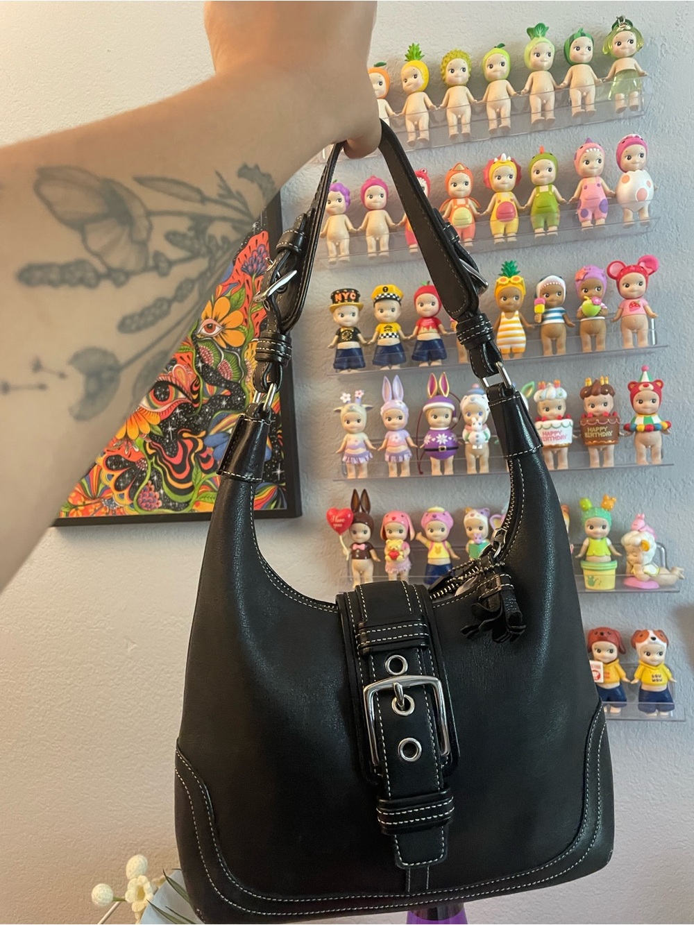 Coach Small Black Leather Shoulder Bag with Silver Buckle